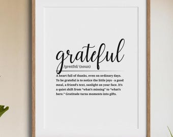 Grateful Definition Print • Gratitude Wall Art • Positive Printable