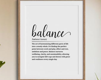 Definición de equilibrio • Arte mural de equilibrio • Impresión digital en blanco y negro • Decoración con citas inspiradoras
