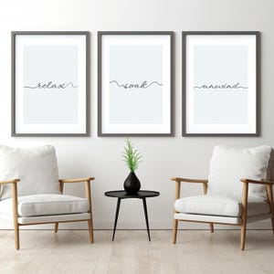 Relax Soak Unwind Badkamerafdrukken • Minimalistische badkamerinrichting • Neutrale spa-muurkunst • Afdrukbare set