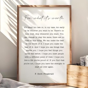 Stampa con citazione di F. Scott Fitzgerald • Quadro da parete "Per quello che vale" • Decorazione ispiratrice per la camera da letto • Poster stampabile