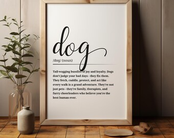 Póster con la definición de perro • Adorable lámina imprimible en blanco y negro • Arte digital para amantes de los perros