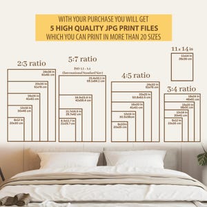 May include: A graphic showing print sizes in various ratios, including 2:3, 5:7, 4:5, and 3:4, with measurements in inches and centimeters. The text at the top says "WITH YOUR PURCHASE YOU WILL GET 5 HIGH QUALITY JPG PRINT FILES WHICH YOU CAN PRINT IN MORE THAN 20 SIZES."
