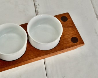 vintage teak and ceramic dip tray / vintage food serving dish / snack tray