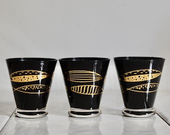 vintage midcentury fred press black and gold fish glasses / mcm barware / retro modern glassware