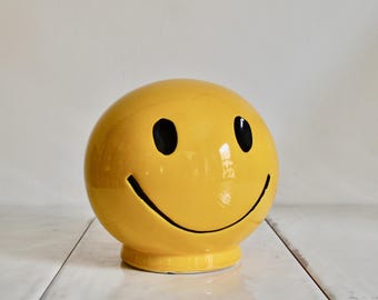 Tirelire vintage en céramique jaune à motif visage souriant / tirelire / décoration intérieure des années 1970