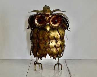 vintage brutalist metal owl figurine / rustic modern home decor / midcentury modern