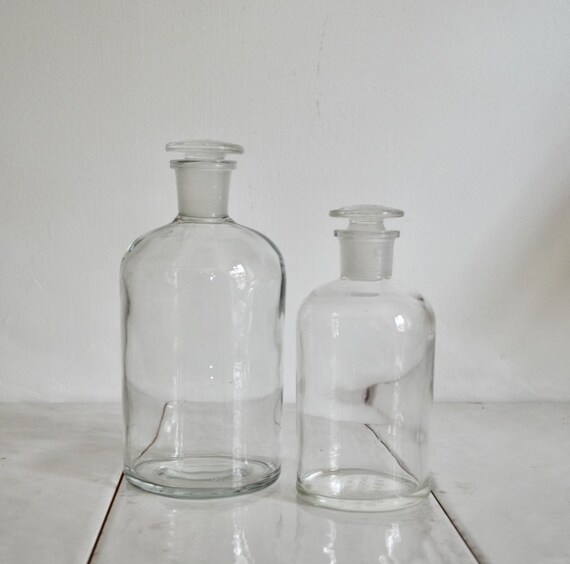 vintage pyrex glass apothecary jars / lidded storage containers / science glass decor