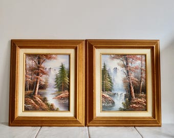 Peintures de paysages encadrées M Scott vintage du milieu du siècle : décoration d'intérieur naturelle