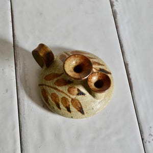vintage studio pottery ceramic candle holder / leaf detailed pottery / natural earth tone decor