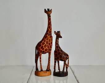 vintage hand carved wood giraffe figurines / midcentury safari home decor / handmade vintage