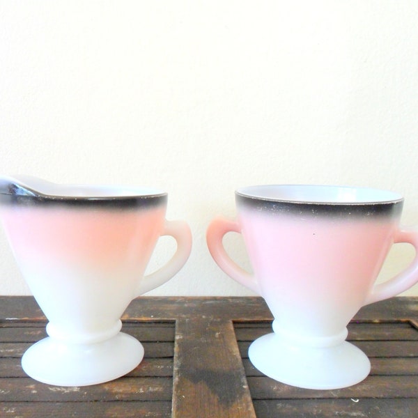 RESERVED pink and black ovide milk glass hazel atlas cream and sugar set - 1930s - kitchen