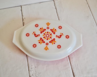 vintage pyrex friendship 1 quart divided casserole dish / red orange white / pyrex ware collectible