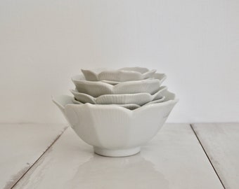 vintage 1960s white lotus bowls / minimalist white porcelain bowls / serving bowls