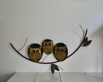 vintage midcentury brutalist metal owl wall hanging / mcm home decor / large wall decor