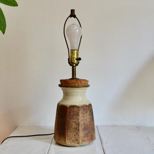 vintage mcm ceramic and cork studio pottery table lamp / rustic modern home decor / stoneware lamp