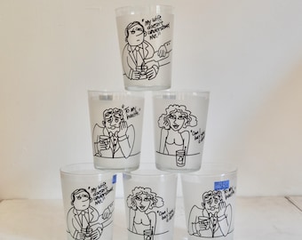 vintage studio nova frosted french bar glasses / funny graphic barware / cocktail tumblers