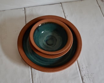 vintage 90s clay and teal glaze dish set / handmade studio pottery plates / vintage kitchen decor