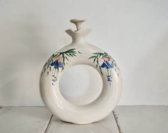 vintage studio pottery circular wine carafe / spring floral home decor / vintage barware