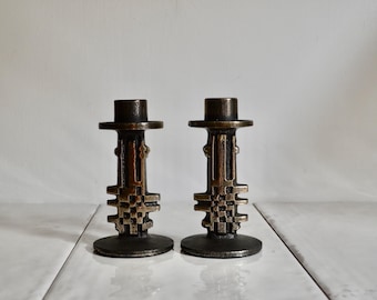 vintage olav joff spode steel art midcentury brutalist cast steel candlestick holders / scandinavian home decor / polaris norway