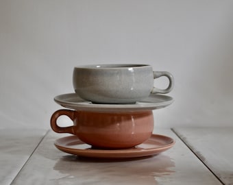 vintage russel wright coral and granite cup and saucer pair / american modern steubenville china / tea cups AS IS