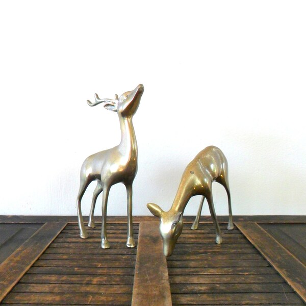 vintage large smooth brass deer figurines