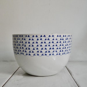 May include: A white ceramic bowl with a blue clover pattern around the rim. The bowl has a rounded shape and sits on a white wooden surface. The blue pattern is a repeating design of three-leaf clovers.