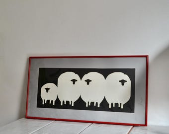 vintage handmade framed sheep picture / paper cut out art / animal decor