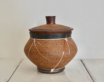 vintage studio pottery lidded stash jar / storage container / earth tone natural home decor