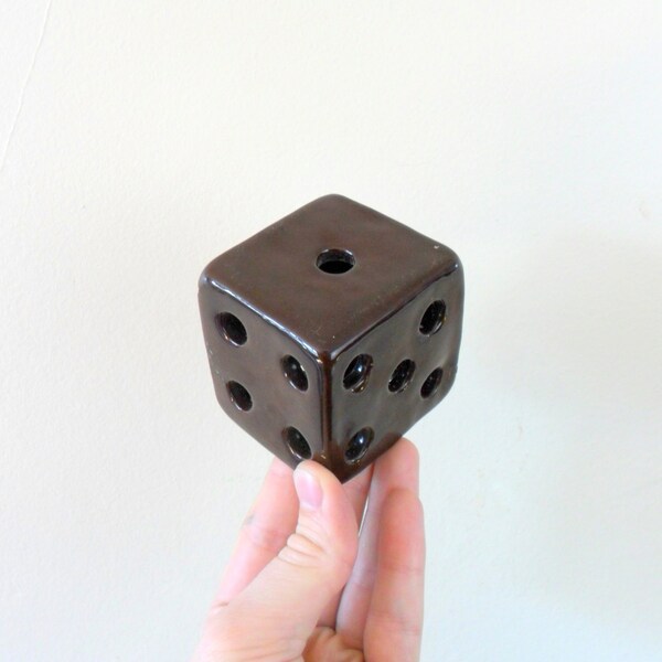 SALE / last chance / vintage brown ceramic die - dice - desk organizer