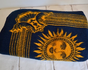 whimsigoth 90s celestial sun moon stars zodiac blanket / biederlack blue and yellow throw blanket / astrological home decor
