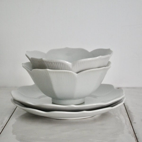 vintage 1960s white lotus bowls and plates / minimalist white porcelain bowls / serving bowls