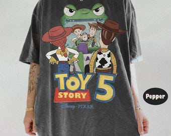 Camiseta vintage de Toy Story 5 de Disney, colores cómodos, camiseta de Woody, Buzz y Jessie para la fiesta de Toy Story 2026, camiseta de Disney Pixar, conjunto familiar a juego de Disneyland