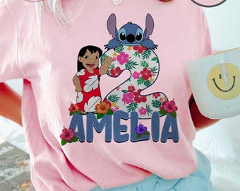 Benutzerdefinierte Lilo und Stitch Geburtstag Komfort Farben Shirt, personalisierte Kindername und Alter Shirt, Disney Geburtstagskind Shirt, Mickey Geburtstagsjunge