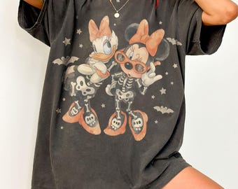 Retro Disney Minnie & Daisy Halloween Comfort Colors Shirt, Disney Besties Disney Girl Trip Halloween Shirt, Minnie Witch Pumpkins Tee