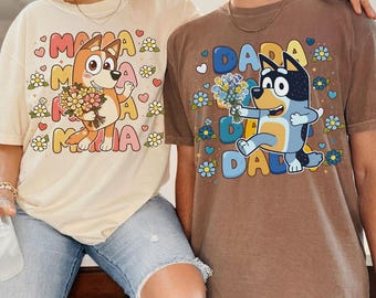 Vintage Bluey Dad Mom Comfort Colors Shirt, Bluey Mama Bluey Dada Tee, Mom and Dad Shirt Matching Family Outfit, Disneyland shirt