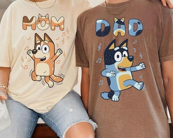 Vintage Bluey Dog Mom Dad Comfort Colors Shirt, Mothers Day shirt, Fathers Day shirt, Mama shirt, Dog Mom, Cartoon Dog Family Tee
