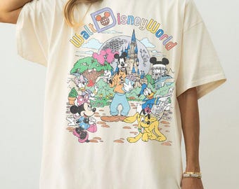 Camiseta retro de colores cómodos de Walt Disneyworld, camiseta de Mickey y sus amigos, viaje a Disney 2025, camiseta vintage de Disneyworld, camiseta retro de Disney