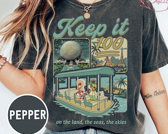 Vintage op Epcot geïnspireerd shirt met comfortkleuren, Keep It 100 themapark-T-shirt, bijpassend shirt voor familievakantie, Disneyland