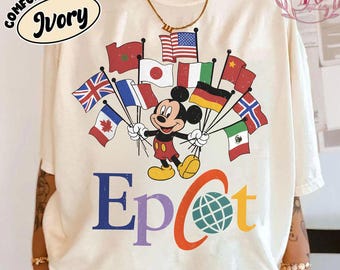 Koszulka Epcot z Myszką Miki i flagami narodów w stylu vintage z lat 90., koszulka WDW Comfort Colors, koszulka Disney Epcot World Tour, rodzinna wycieczka do Disneylandu