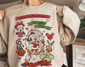 Sudadera vintage "Muy Feliz Navidad de Mickey 2025", camiseta navideña de Mickey y sus amigos, camiseta navideña de Disney, WDW Disneyland Navidad familiar