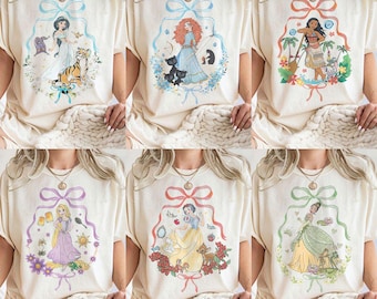 Coquette Bows Disney All Princesses Characters Comfort Colors Shirt, Tiana Ariel Elsa Rapunzel Belle Jasmine Shirt, Disney Princess Tee