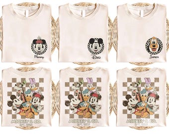 Camisa vintage de Mickey y sus amigos a cuadros con colores cómodos, camisas familiares personalizadas de Mickey y sus amigos, camisa de vacaciones familiares de Disney