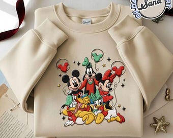 GEBORDUURD Mickey en vriend ballonkerstsweatshirt, Disney kerstgeborduurd sweatshirt, bijpassende Disney-kerstshirt