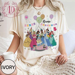 Personalized Name Age Disney Princess Birthday Comfort Colors Shirt, Custom Tiana Ariel Elsa Rapunzel Belle Birthday Gift, Birthday Girl