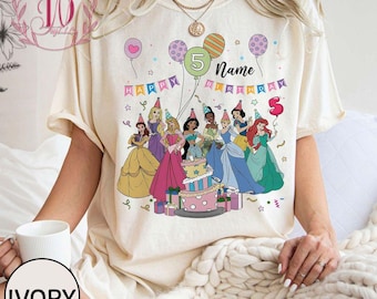 Personalized Name Age Disney Princess Birthday Comfort Colors Shirt, Custom Tiana Ariel Elsa Rapunzel Belle Birthday Gift, Birthday Girl