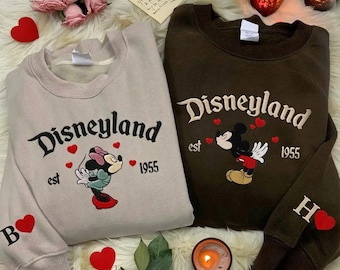 Sudadera bordada con pareja de ratones y novias, sudadera bordada de San Valentín de Magical Land, suéteres bordados de pareja de ratones de dibujos animados