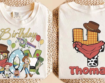 Maglietta personalizzata con colori comfort per il compleanno di Toy Story, maglietta per il compleanno di Buzz Lightyear e Woody, maglietta personalizzata coordinata per la famiglia Disney, per bambini piccoli