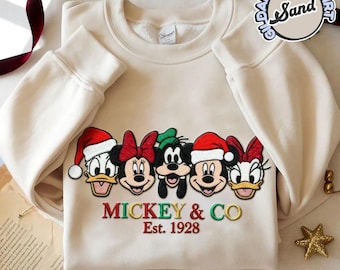 GEBORDUURD Mickey en vriend kerstsweater, gezellige kerstverlichting ronde hals, geborduurd Disney kerstshirt, Disney Christmas Matching