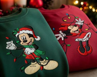 GEBORDUURD Mickey Minnie kerstsweater, geborduurde Disney-vakantietrui voor paar, gezellige kerstverlichting ronde hals, bijpassende Disney-shirts