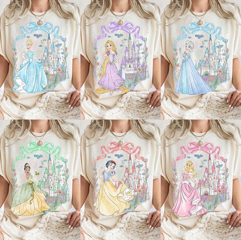 Vintage Coquette Bow Disney Princess Shirt, Belle Ariel Elsa Cinderella, Magic Kingdom Magical Castle Tee, Walt Disney Disney Girl Trip Tee image 1